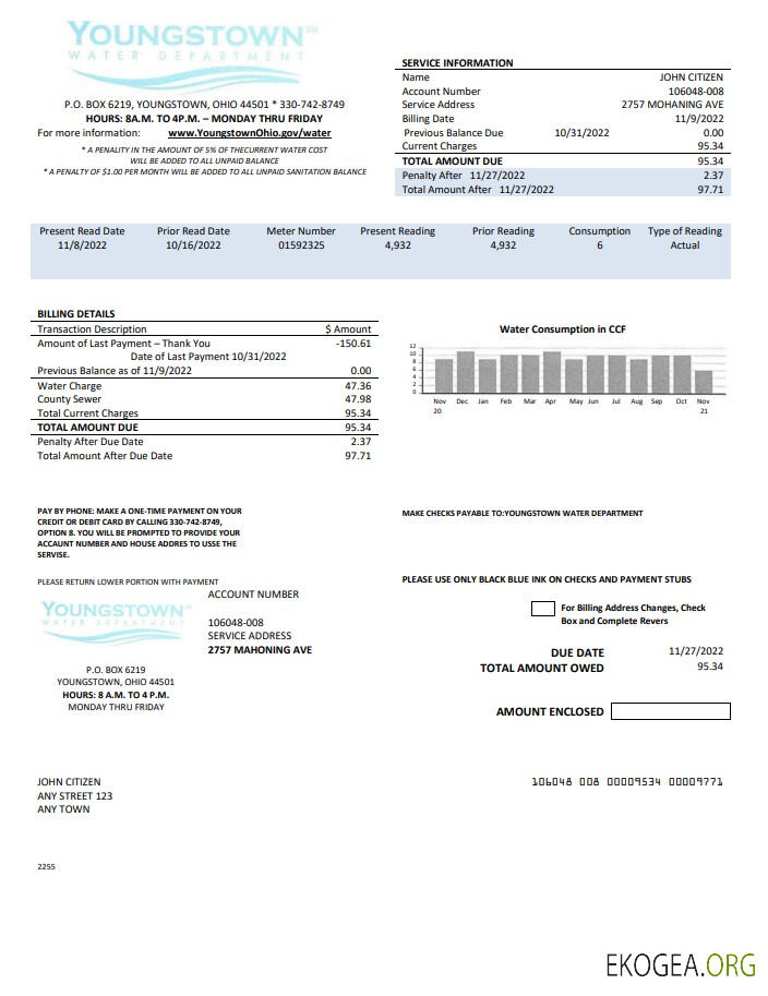 USA Youngstown Water Department utility bill template in Word and PDF format